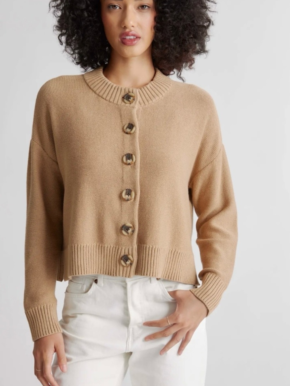 Quince Camel 100% Organic Cotton Button-Front Knit Cardigan